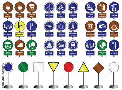 Sign set transport entertainment food & drink categories