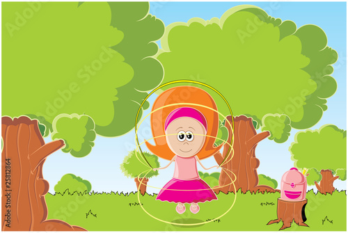 in the park. girl jumping rope on
