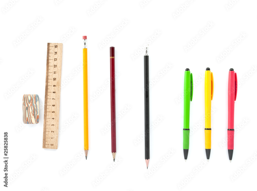 colored pens, pencils, ruler, eraser colored pens, pencils, ruler, eraser