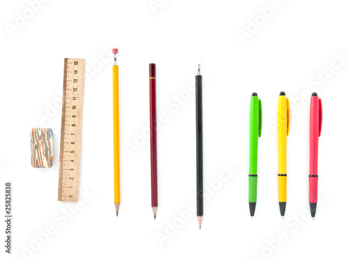 colored pens, pencils, ruler, eraser