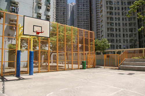 A perspective view of a basketball court