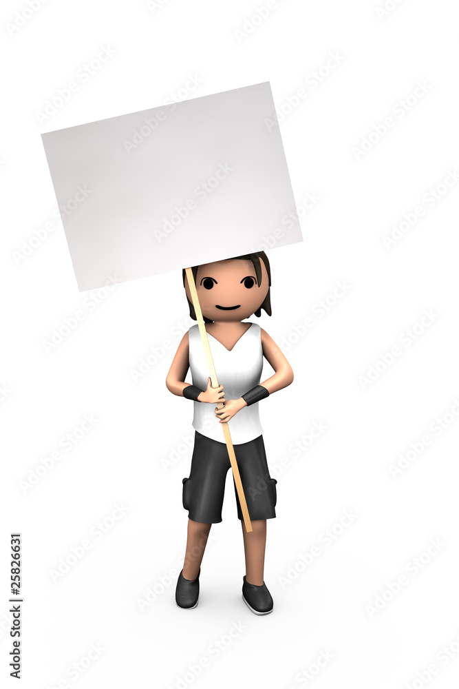 Young White 3D Guy Holding Blank Protest Sign Young White 3D Guy Holding Blank Protest Sign