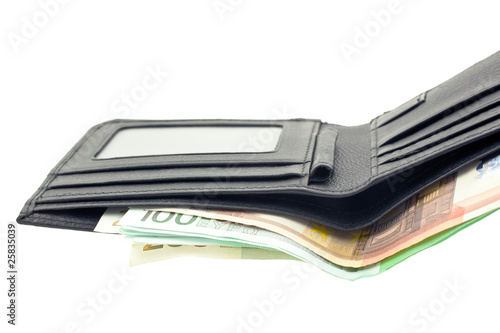 black leather wallet with euro notes