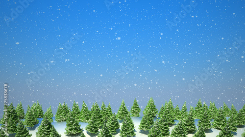 Firtree forest landscape during snowfall
