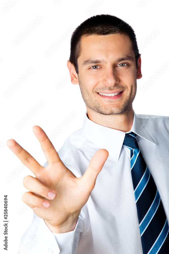 Happy businessman showing three fingers, isolated on white Happy businessman showing three fingers, isolated on white