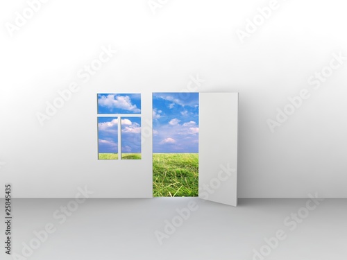 Exit to natural landscape with door and window.