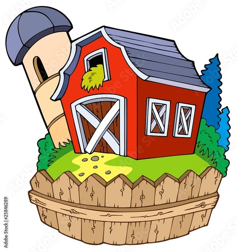 Cartoon red barn with fence