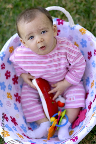 Portrait d'un bébé dans un panier.