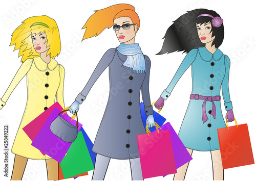 three fashionable shoppers with bags