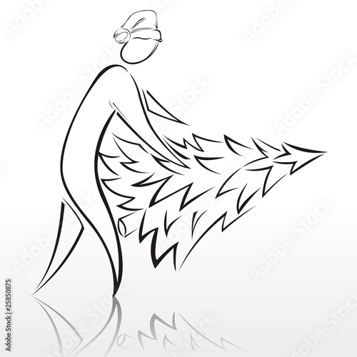 Silhouette of the person bearing a New Year tree
