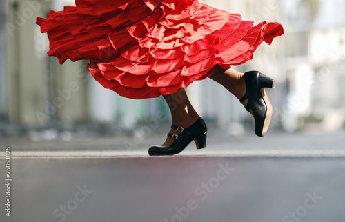 Obraz na plátně Flamenco Dancer red dress dancing shoes