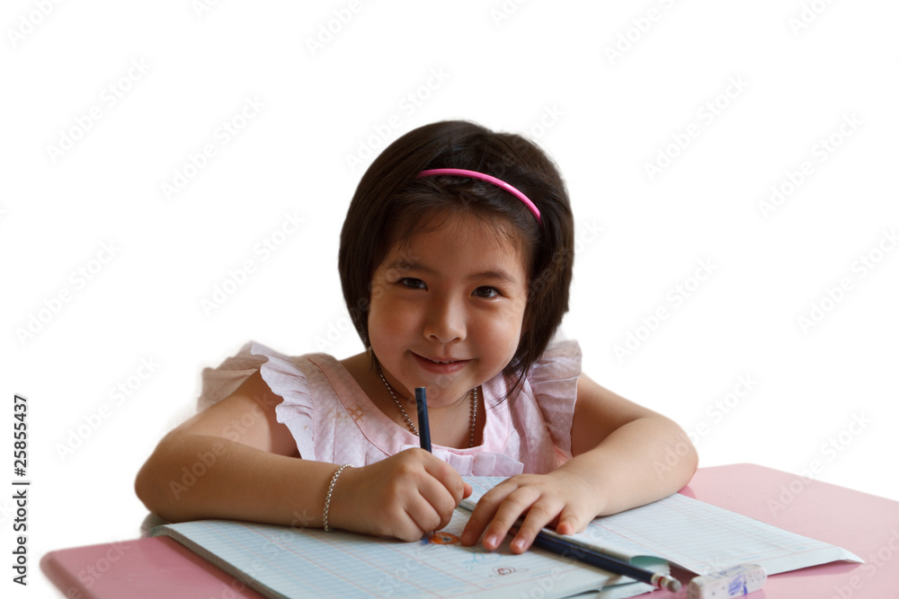 Portrait of little schoolgirl smiling from behind books on a whi Portrait of little schoolgirl smiling from behind books on a whi