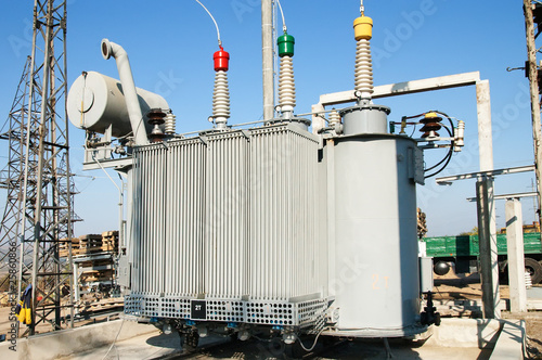 transformer on high power station. High voltage photo