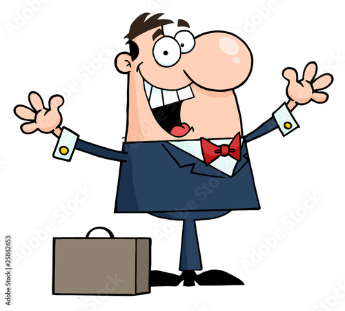 Happy Caucasian Businessman Holding His Arms Up By A Briefcase