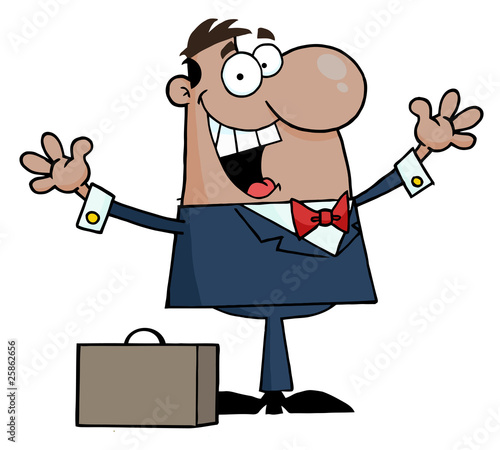 Happy Black Businessman Holding His Arms Up By A Briefcase