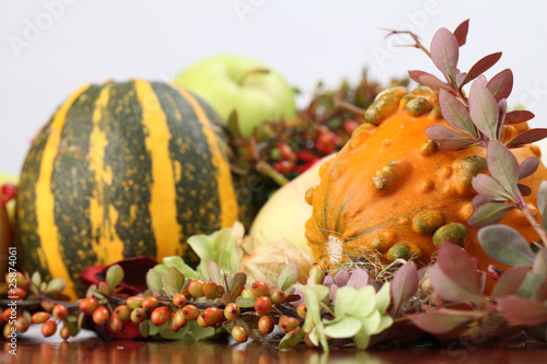 Autumn arrangement with various pumpkins. Shallow dof