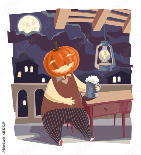 Jack O' Lantern with a pint of beer.