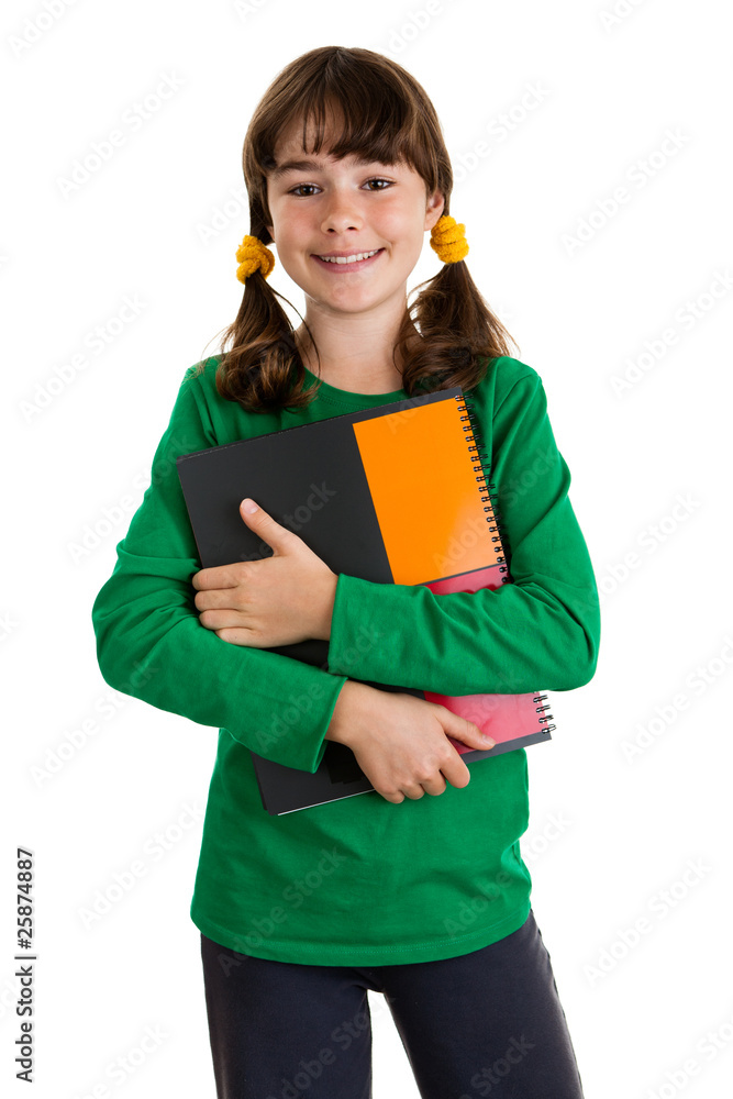 Girl holding book, standing isolated on white background Girl holding book, standing isolated on white background