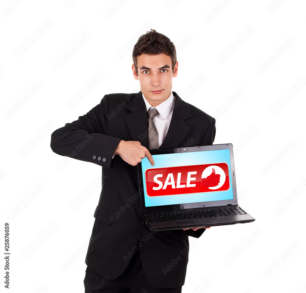 Business man pointing at a laptop with sale sign Business man pointing at a laptop with sale sign