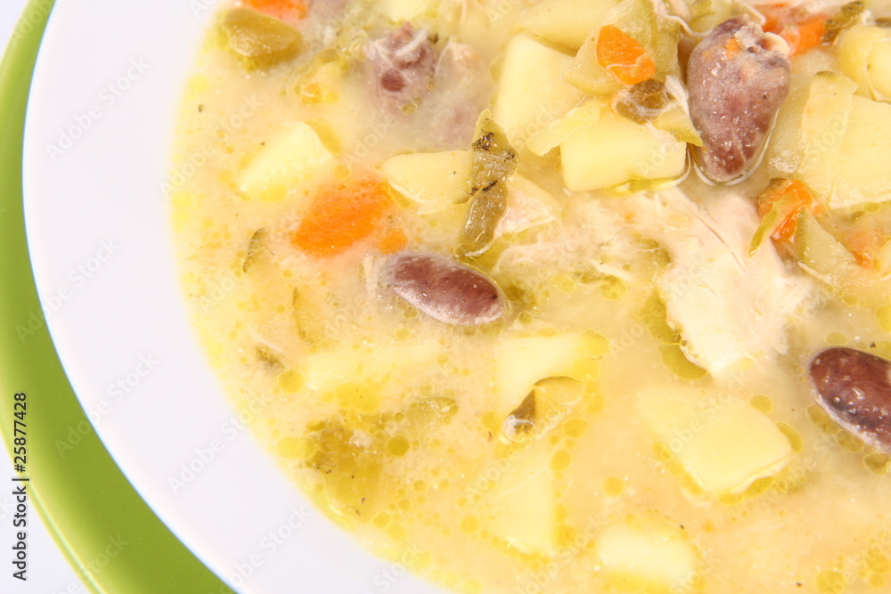 Pickled cucumber soup with some giblets, Polish cuisine Pickled cucumber soup with some giblets, Polish cuisine