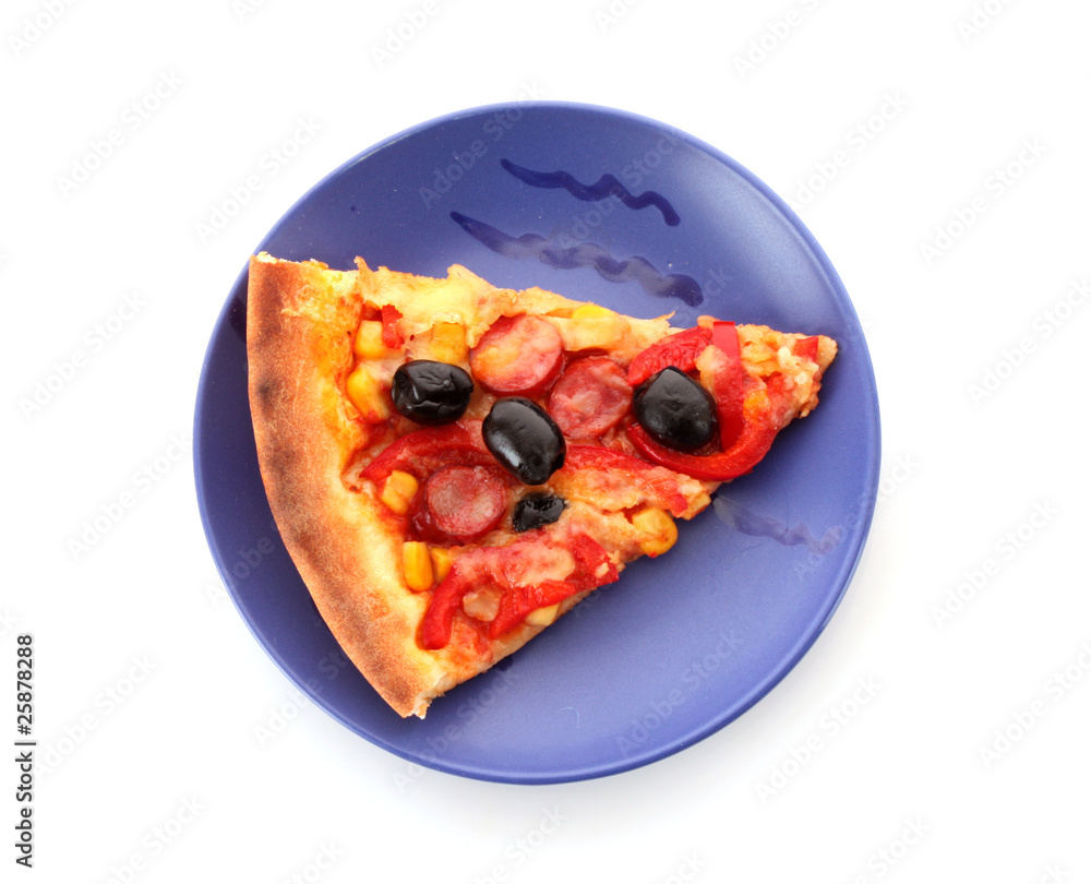 Tasty pizza with olives on the plate isolated on white Tasty pizza with olives on the plate isolated on white