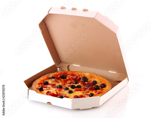 Whole pepperoni with olives pizza in box over white background