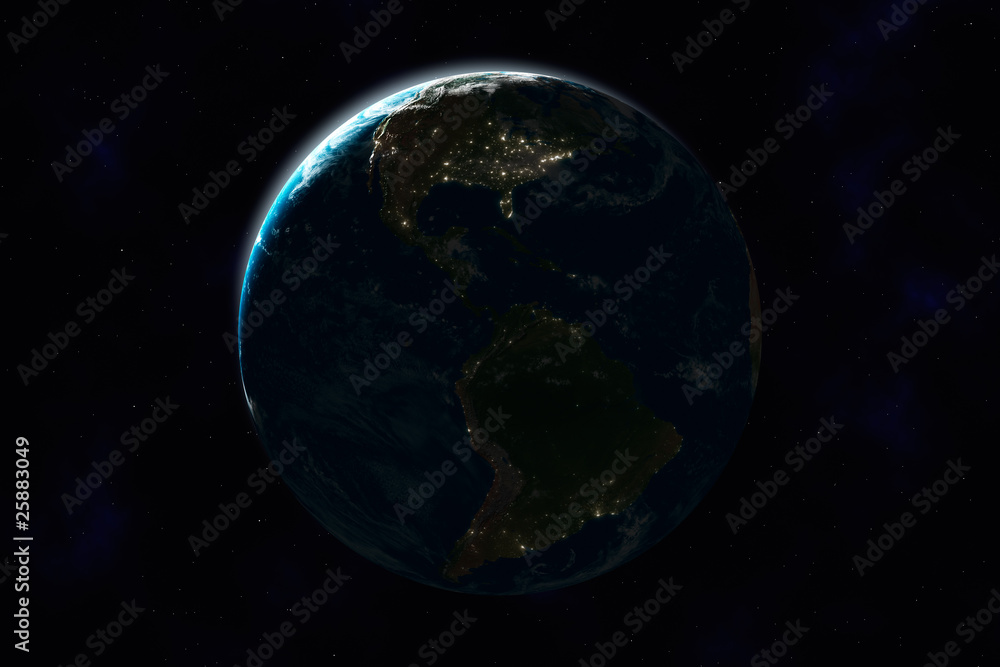 Nachtseite der Erde, Nord- und Südamerika, mit Lichtern
