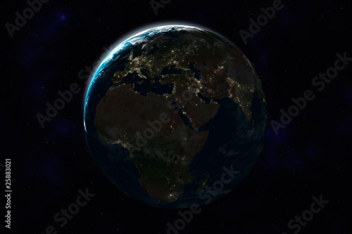 Nachtseite der Erde, Europa, Afrika, Asien, mit Lichtern der Stä