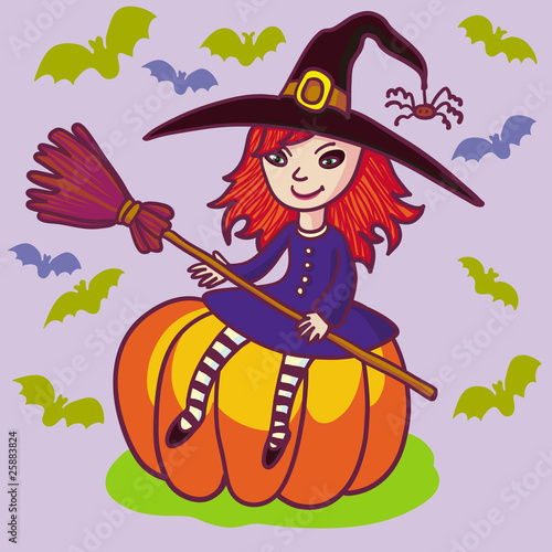 Little witch on pumpkin.