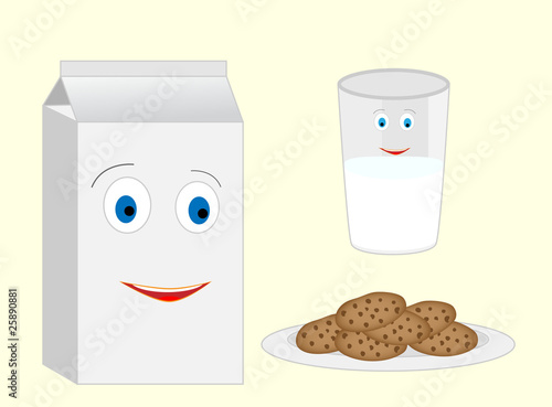 Smiling glass of milk and pack looking on the cookies