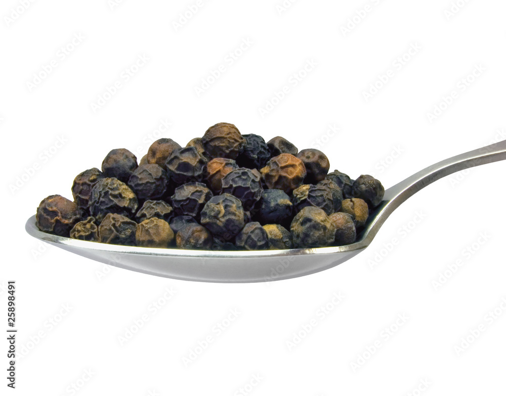 Spoon of black pepper grains, isolated on white, macro closeup Spoon of black pepper grains, isolated on white, macro closeup