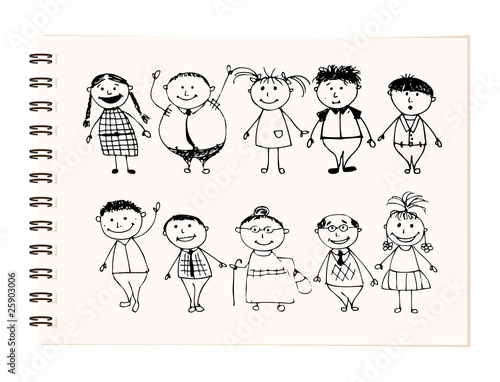 Happy big family smiling together, drawing sketch