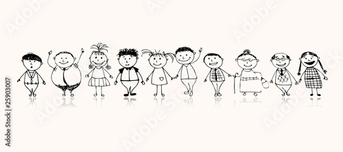 Happy big family smiling together, drawing sketch