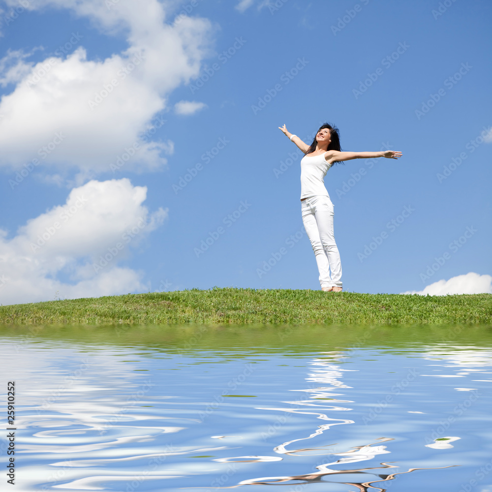 happy young woman dreams to fly on winds happy young woman dreams to fly on winds