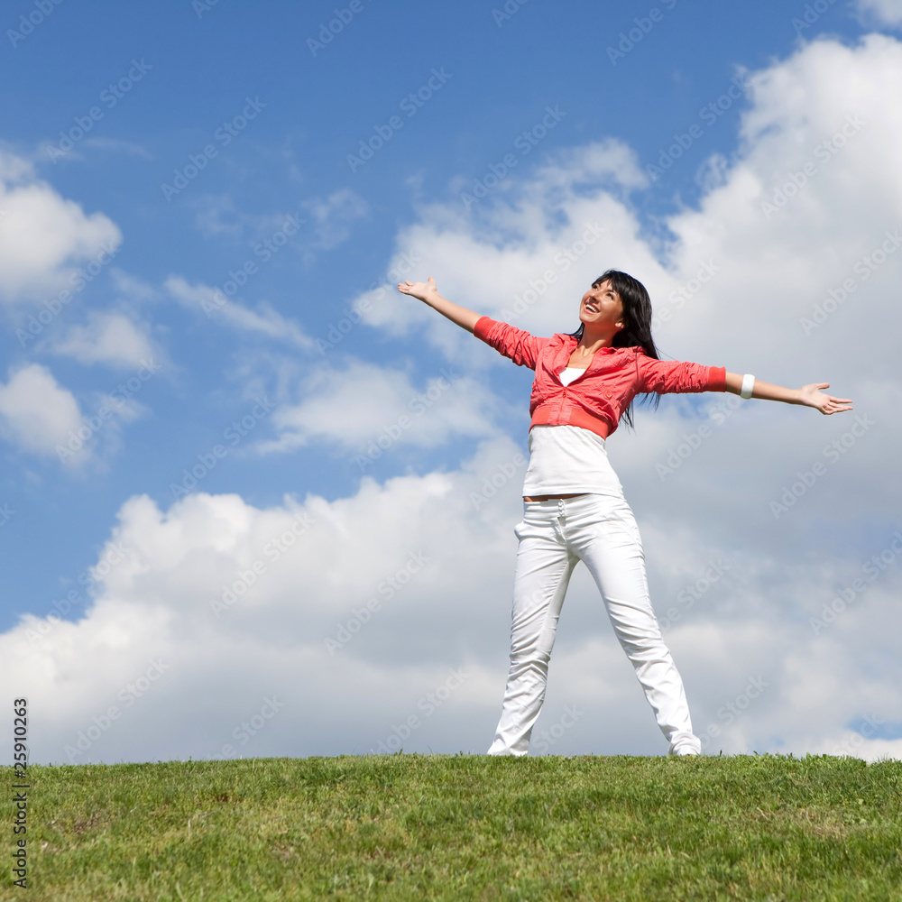 happy young woman dreams to fly on winds happy young woman dreams to fly on winds