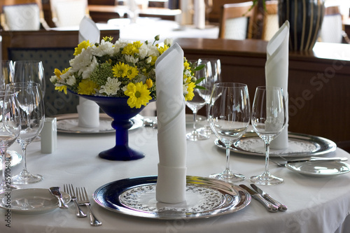 Banquet table setting in gourmet restaurant