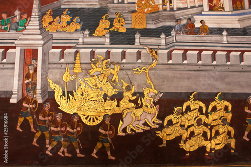 Pictures on the walls of Wat Phra Kaew , Thailand