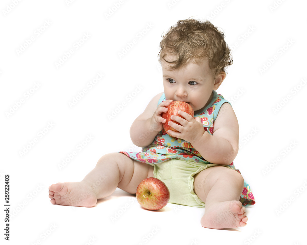 Baby girl holding big red apple. Isolated on white Baby girl holding big red apple. Isolated on white