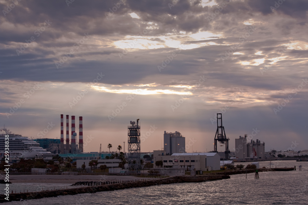 Port Everglades cruise and cargo terminal at sunset