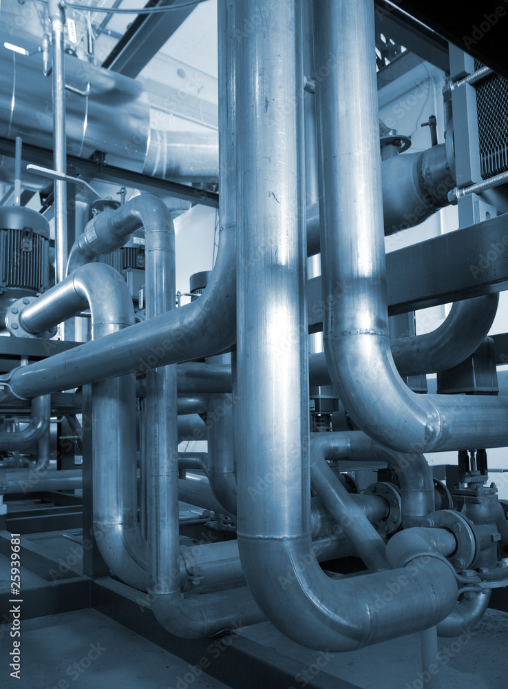 Installation of industrial pipelines in blue tones Installation of industrial pipelines in blue tones