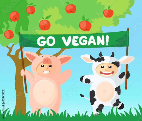 Cow and pig with go vegan banner