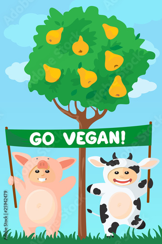 Cow and pig with go vegan banner