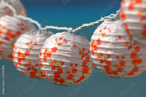 Party paper lamps on summer with a blue background