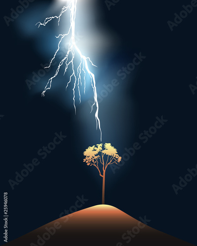 Lightning stroke in a lonely tree
