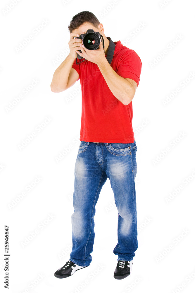 Young photographer with camera, isolated on white Young photographer with camera, isolated on white
