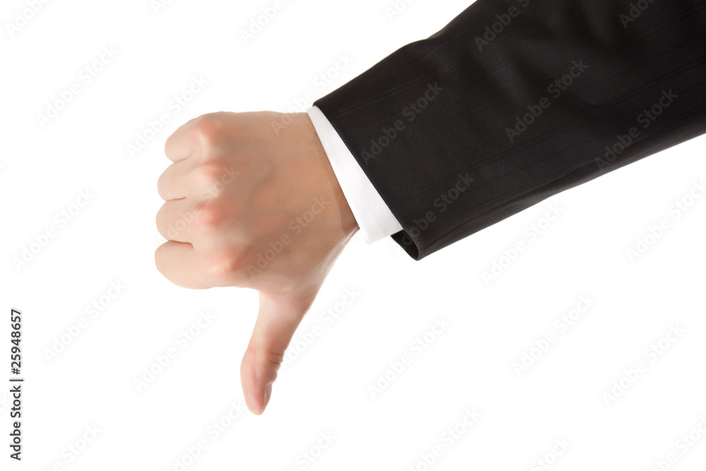 Business man hand thumbs down on white isolated background Business man hand thumbs down on white isolated background