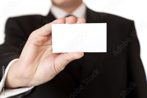 Business man holding blank card on white isolated background