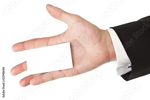 Business man holding blank card on white isolated background