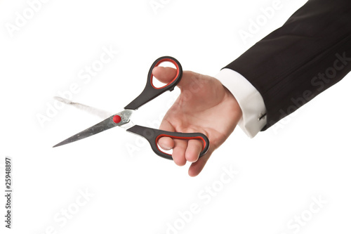 Man holding scissors on white isolated background