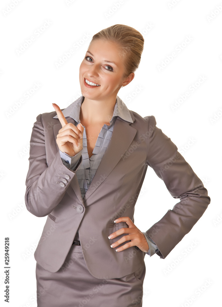 Caucasian blond businesswoman in suit on white isolated backgrou Caucasian blond businesswoman in suit on white isolated backgrou